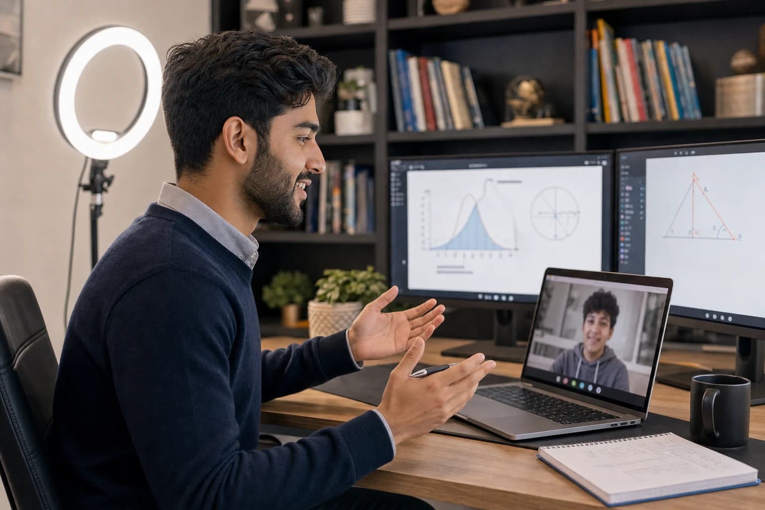 Professional tutor working at a well-organised home teaching setup with laptop and educational materials